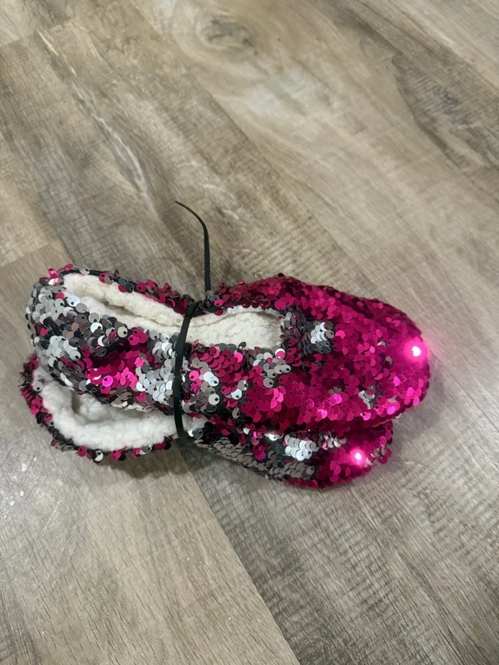 Lightly worn Kids Sequin Slip-On Slippers - Pink & Silver measure 8 inches